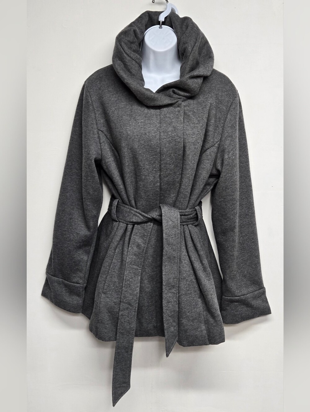 Faded Glory L 12 - 14 Hooded Belted Gray Coat Double Snap Down Pockets Like New
